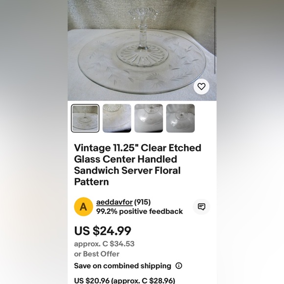 Vintage Elegant Clear Glass Sandwichs/Deserts Stand Etched Floral Design! - Picture 9 of 10